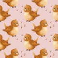 Seamless pattern, cute sparrows and musical notes. Children\'s print, textile vector