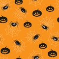 Seamless pattern with cute spiders and pumpkins. Halloween theme Royalty Free Stock Photo