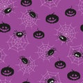 Seamless pattern with cute spiders and pumpkins. Halloween theme. Royalty Free Stock Photo