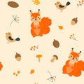 Seamless pattern with cute squirrels, mushrooms, cones, acorns, birds and autumn leaves in cartoon style. Animals in the forest. Royalty Free Stock Photo