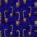 Seamless pattern with cute standing brown lemurs