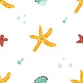 Seamless pattern with cute starfishes and shells