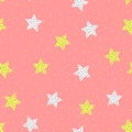 Seamless pattern with cute stars and round spots. Drawn by hand.