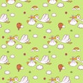 Seamless pattern with cute storks carrying the baby.
