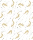 Seamless pattern with cute stylized hand drawn gold birds duck and green herbs isolated on white background. Artistic
