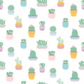 Seamless pattern with cute succulents in pots.