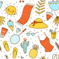 Seamless pattern with cute summer items isolated on white - cartoon background for happy beach design Royalty Free Stock Photo