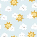 Seamless pattern with cute sun and clouds. Summer background. Vector illustration. Royalty Free Stock Photo