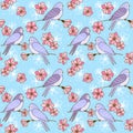 Seamless pattern with cute swallows and flowers