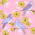 Seamless pattern with cute swallows and flowers