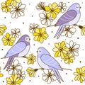 Seamless pattern with cute swallows and flowers