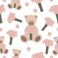 Seamless pattern cute teddy bear with a bouquet of flowers Royalty Free Stock Photo