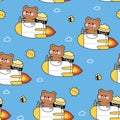 Seamless pattern of cute teddy bear drive a rocket on the cloud sky background.Honey Royalty Free Stock Photo