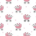 Seamless pattern with cute Teddy bear in stroller. Baby shower girl