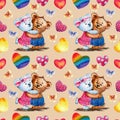 Seamless pattern. Cute Teddy bears on a background of hearts. Watercolor illustration. Light background with Valentine's Royalty Free Stock Photo