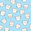 Seamless pattern with cute teeth on blue background - for kid dental design