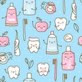 Seamless pattern with cute teeth and objects for dental care on blue background - funny toothpaste, brush, apple, irrigator, Royalty Free Stock Photo