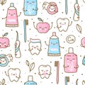 Seamless pattern with cute teeth and objects for dental care isolated on white - funny toothpaste, brush, apple, irrigator,