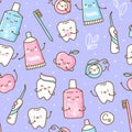 Seamless pattern with cute teeth and objects for dental care on purple background Royalty Free Stock Photo