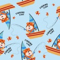 Seamless pattern with cute tiger fishing on sailboat. Cute Marine pattern for fabric, baby clothes, background, textile, wrapping