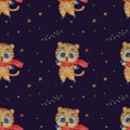 Seamless pattern with cute tiger. Little tiger cub New Year character in a winter scarf on blue background with