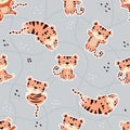 Seamless pattern with cute tigers. Sleeping, sitting playful striped tigers on a gray background with an abstract mesh