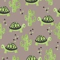 Seamless pattern with cute tortoise and cactus
