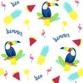 Seamless pattern with cute toucans, exotic leaves.