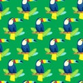 Seamless pattern with cute toucans, exotic leaves.