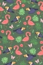 Seamless pattern with cute toucans and flamingos. Vector graphics