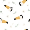 Seamless pattern with cute toucans and foliage