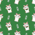 Seamless pattern with traditional Japanese `Maneki Neko` winking lucky cat on green background