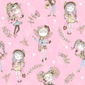 Seamless pattern with cute trendy teen girls on pink background . Vector