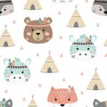 Seamless pattern with cute tribal animals, vector illustration Royalty Free Stock Photo