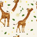 Seamless pattern cute Tropical giraffe, wild animals, flower, leaf. Pattern with wild animal for your design. 3d Vector