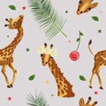 Seamless pattern cute Tropical giraffe, wild animals, flower, leaf. Pattern with wild animal for your design. 3d Vector