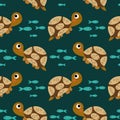 Seamless pattern, cute turtles and fishes on a turquoise background. Children\'s print, textile, wallpaper Royalty Free Stock Photo