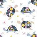 Seamless pattern with cute turtles. Kids print. Vector hand drawn illustration