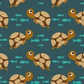 Seamless pattern, cute turtles and small fishes on a turquoise background. Children\'s print, textile, wallpaper Royalty Free Stock Photo