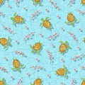 Seamless pattern of cute turtles swimming underwater in clear blue water among sakura flowers, top view. Summer nature Royalty Free Stock Photo