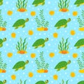 Seamless pattern with cute turtles underwater on blue background Royalty Free Stock Photo