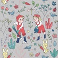 Seamless Pattern of Cute Two Kids Gardening