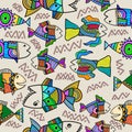 Seamless pattern with cute undersea inhabitants. Childish tribal fish isolated on white background. Funny kids pattern for textile