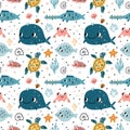 Seamless pattern cute underwater life. Funny cartoon ocean characters, marine world creations, aquatic animals, fishes Royalty Free Stock Photo