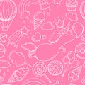 Seamless pattern with cute unicorn, candy, donuts, ice cream and other sweets on bright pink background