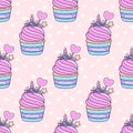 Seamless pattern with cute unicorn cupcake on a pink background with white heart. Royalty Free Stock Photo