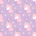 Seamless pattern with cute unicorn and stars. Beautiful unicorn head with pink mane and horn. Royalty Free Stock Photo