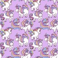 Seamless pattern with cute unicorns in cartoon style on purple background, Perfect for fabric, wallpaper, wrapping paper