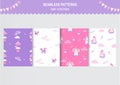 Seamless pattern with cute unicorns, clouds, stars,rainbow and crystals ,template,cards, Vector illustrations