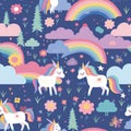 Seamless pattern with cute unicorns, rainbow, clouds and flowers.